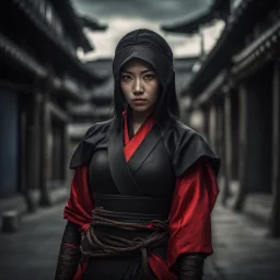 Behold the powerful alluring and pretty ninja woman, her body adorned with the traditional ninja costume, HDR, beautifully shot, hyperrealistic, sharp focus, 64 megapixels, perfect composition, high contrast, cinematic, atmospheric, moody