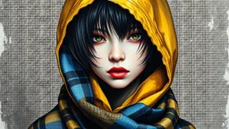 <lora:Glorified:1.0> breathtaking portrait of gorgeous girl short black hair yellow and blue plaid hooded scarf dark silver and black textured satin fabrics jagged edges eye-catching details insanely intricate vibrant light and shadow beauty panel paintings textured tweed background captivating stencil art oil painting style contemporary ink watercolor brush strokes negative white space