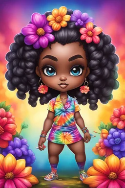 Create an airbrush image of a chibi black curvy female wearing a tie dye yoga outfit. Prominent make up with hazel eyes. Highly detail ombre Bantu knots. background of colorful large flowers 2k