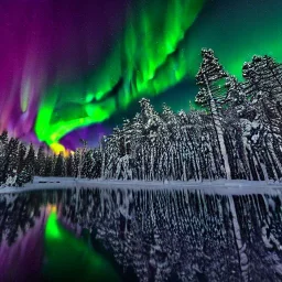 high-quality, fine-detail photography of beautiful, stunning, winter forest surrounding large reflective lake with vibrant, colorful northern lights filling sky, Norway, Iceland, 8k resolution, realistic, intricate, 3D, digital art, detailed matte, volumetric lighting, brian froud, howard lyon, selina french, annie stokes, lisa parker, greg rutowski