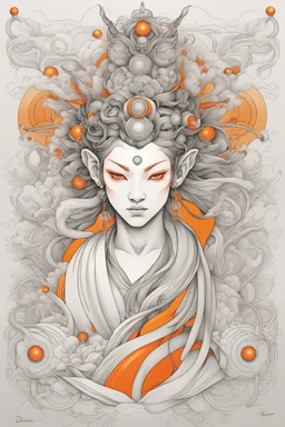 Create a captivating modern 2d lineart black and orange ink tattoo design for print , prestigious Divine Monkey King using the elegant influences of japan art style, for print, dynamic elements from fashion and design, and bold Japanese contemporary art aesthetics, framing centered in the center, distanced from the edges of the paper perimeter, perfect anatomy, bauhaus, Divine Proportion,