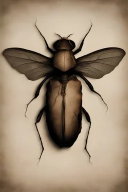 a haunting image of an insect emerging from an old cracked shell of a human body