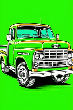 artwork of t-shirt graphic design, flat design of one retro ,Ford F900 green, Truck, colorful shades, highly detailed clean, vector image, photorealistic masterpiece, professional photography, realistic car, simple sunrise backdrop for car, flat white background, isometric, vibrant vector