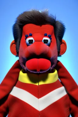 Waist up muppet Portrait, Nicolas maduro us muppet doll, Venezuelan president, tracksuit red blue and yellow, mustache, photo studio, red background, unreal engine 5, concept art, art station, ray tracing, lumen lighting, ultra detail, volumetric lighting, 3d.