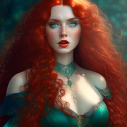 Dress, long ginger hair, Noble, Pale skin, Fantasy, Woman, large chest, turqouise eyes, frizzy, large hair, Blood red details, Curvy body