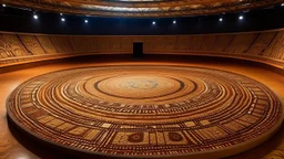 A tan martial coliseum designed in Australian aboriginal art