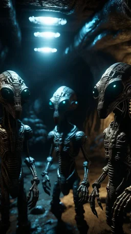 Si-Fi, a group of strange aliens warier inside The cave of Batman atmospheric lighting effects, intricate industrial details, moody atmosphere, eerie grimdark ambiance, complex motherboard accents, speculative fiction art. Bokeh, realistic image