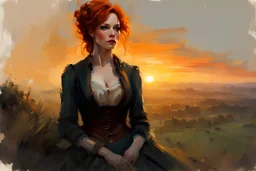 Saffron from firefly played by Christina Hendricks in Victorian western clothes watching the sunset from a hill top :: digital matt painting with rough paint strokes by Jeremy Mann + Carne Griffiths + Leonid Afremov, black canvas