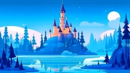 cartoon illustration, disney style: a large beautiful frozen lake and next to the lake is a magical castle. The castle is on a hill, surrounded by pine trees.