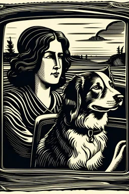 Block print stressed woman driving car with collie in front seat