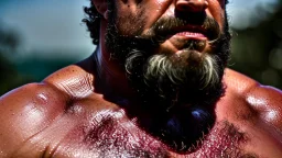 close up photo, chubby muscular burly sweaty turkish man looking down, masculine hairy 59 year old man, with other two male hands touching the chest , dreadlocks, long beard, manly shoulders, ambient occlusion , , super high resolution, 8k, cinematic light, ultra hyper realistic, view from the bottom