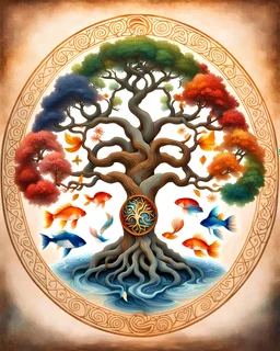 The tree of life is made of the four seasons of spring, summer, autumn, winter, along with light, water, fire, wind, earth, and love, along with the symbol of Yang-ying and koi fish.