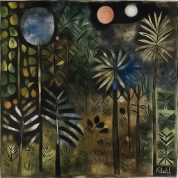 A beautiful girl brownish black murky rainforest at nighttime painted by Paul Klee