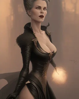 old evil queen in black leather gown, femme fatale, volouptous, busty, cleavage, angry, emperious, 8k resolution concept art portrait by Greg Rutkowski,