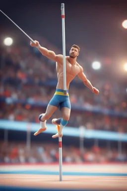 cartoonish man pole vaulting in the Olympics ,,bokeh like f/0.8, tilt-shift lens 8k, high detail, smooth render, down-light, unreal engine