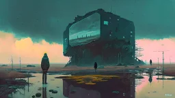 A black mirror style (dystopian wonderland), analog sci-fi horror, science fiction painting, Simon stålenhag,Denis Sarazhin, Alex Colville, Romain Trystram, Christopher Shy, Alejandro Burdisio, Rene Magritte, Tye Martinez), ominous sky, alternate reality art, obscured environments, paradoxical, RAW, GRITTY, NOISY, dark minimalism, visual ambiguity, dark pop avant garde