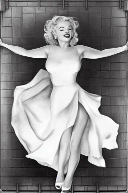 Painting, photorealistic, Marilyn Monroe, front view medium shot ankle-length white dress, standing over a subway grating, dress billowing up, style of The Seven Year Itch