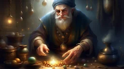 Fantasy digital illustration: strange-looking old merchant, from the 17th century, who has a handful of magic beans