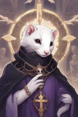 (anthropomorphic white ferret),dressed in ((cleric fantasy)) black clothes with silver holy ornaments, realistic anatomy, posing, cute face, fantasy inspire, fantasy church on background with warm sunshine lighty from behind, gloomy atmosphere, (((high angle shot))), purple armband, The holy icon style, RTX, praying, close eyes