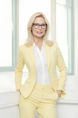 Powerful classical portrait of a modern blonde politician with glasses in her mid 40s wearing a pastel yellow pant suit standing in a elegant position. she looks kinda and have a soft smile