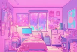 a drawing of the girl's room is adorned with neon and light up posters, in the style of pastel, anime aesthetic