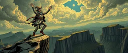 the fool from major arcana tarot,dancing joyfully on the edge of a cliff, close up portrait of dj magic farmer pilot looking down on cam, with background in the style of escher and giger, a chill contrapunctus fugue in the style of fsol, beethoven, held up and protected from disaster