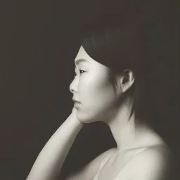 moody charcoal side profile portrait of an asian woman in her 30s, side on profile, studio photography, artistic black and white profile photograph, delicate, highly detailed, chiaroscuro, beautiful composition, delicate arrangement, aesthetic, soft lighting, tender