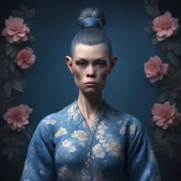 mugshot, Planet of the Apes, blue, large, floral designs, atmospheric, beautiful, China Doll, , dark background, mid shot, full body, neutral expression, buzzcut hair, ultra realistic, highres, superb, 8k wallpaper, extremely detailed, intricate, limited palette,