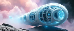 celtic knot hollow tube transparent core ornate indented space ship, shiny bright slug mega ship snail flourescent white blue like bubble gum with many windows and decks, interdimensional twister, rock against colored spaced fog, space interior