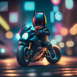 A Sharp Kawaii tiny hyper realistic baby batman riding mini ducati panigale, wearing bikers clothes with kick boxing action, night of cyberpunk city background. wide angle full body, 8k, Cinematography, photorealistic,epic composition Unreal Engine,Cinematic, Color Grading, Portrait Photography,Ultra-Wide Angle, Depth of Field, hyper detailed