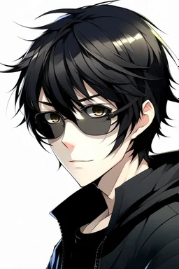 Anime boy with black hair, black eyes, sunglasses, black clothes, and a white background