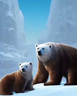 Oso polar con sus cachorros en la nieve cuerpo completo obra de arte pintura al óleo colores contrastantes nítido impactante hiperdetallado sombras 3D hiperrealista coherente clima soleado nubes iluminación cinematografica 8k