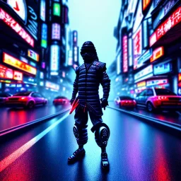 photo of a ninja in an alternate universe in tokyo; cyberpunk; realistic; rain; neon signs