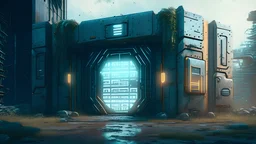 Futuristic gadget cyber fort house gate wall dysoptia cyberage HAWKEN postapocalyptic dysoptia scene photorealistic uhd 8k VRAY highly detailed HDR