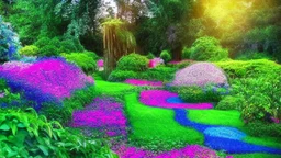 verybeautiful-magical-garden-of-the-angelic-kingdom-blue-and-pink-plants-and-trees-small-river-sunshine-flowers-haze-thumb-rainbow-ufo-bright-colors-light flowers