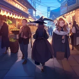  cute witch, air view, huge streetMarket,