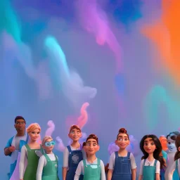 group of scientists is in the laboratory. invent new colors. smoke rises from multi-colored glassware. they are wearing overalls. color swatches in the background. hyperdetailed, orange and teal, warm colors, detailed painting, photorelistic, oil on canvas, light dust, futuristic. volumetric lighting