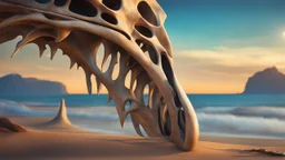 the coast of a desert. whale bones. fantasy, cinematic lighting, hyper realisme, Hyperrealistic, splash art, concept art, mid shot, intricately detailed, color depth, dramatic, 2/3 face angle, side light, colorful background