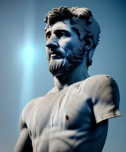 Realistic image, roman sculpture, marble material, Lionel Messi model, miguel angel style, God light, god rays, 4k resolution, perfect details,smooth color, ornate details, soft lighting, unreal engine 5, soft cyan background.