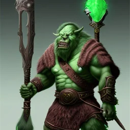 orc mage, Height 200cm, Weight 150kg, Skin color green, Has predator-like eyes, fangs, and claws. He holds an magic cane with both hands. He kills humans with ferocious accuracy. His intelligence is equal to that of a human. Wears robes of crude cloth