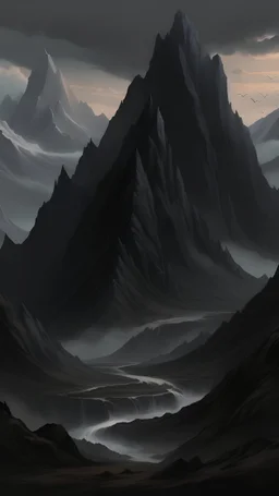 A dark fantasy detailed mountain landscape with a cascading sandfall