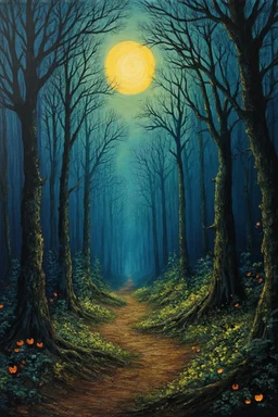 macabre; a spooky and sinister edge of the forest painting in the style of Van Gogh