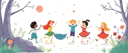 whimsical illustration of children playing and dancing. children's book style, on a white background