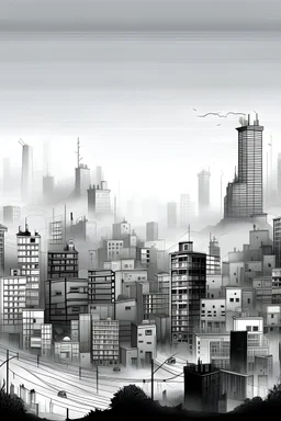 city, drawing, gray , pollution