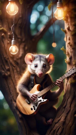 portrait of hairy rock guitar opossum living inside a tree house in a hollow huge tree growing light bulbs,bokeh like f/0.8, tilt-shift lens 8k, high detail, smooth render, down-light, unreal engine, prize winning