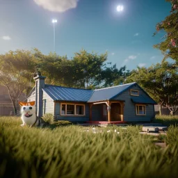 Cartoon pet with a smiley looking at a small house|mdjrny-v4 style| wide angle| intricate detailed| hyperrealistic| cinematic lighting| cinematic colors|hdr | unreal engine