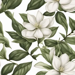 beautiful tea leaves with a white flower on a white background