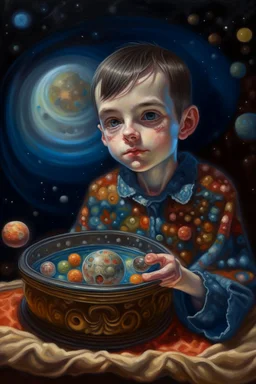 book cover illustration, spotty oil painting portrait of metallic sleeping slightly cute smirking vampire holding small earth on a platter, bokeh , high detail, smooth render, prize winning