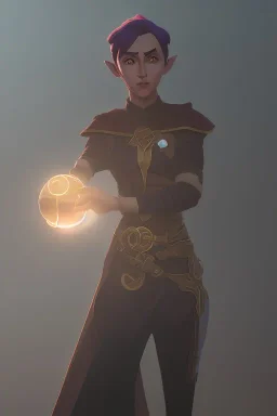 elf wizard holding glowing orb in a ruined city