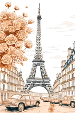 generate Paris skyline florist with a women irrigate flowers street with a man and son car rose gold color eiffel tower vintage